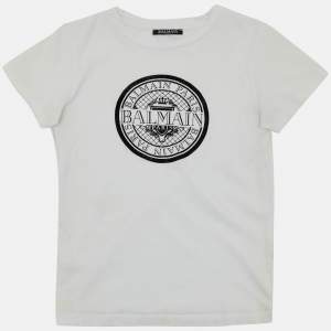 Pre Owned Balmain Kids  White/Black Logo Applique Cotton T-Shirt 10 Yrs 