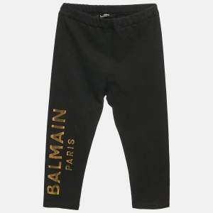 Balmain Kids Black Logo Foil Print Cotton Knit Leggings 24 M