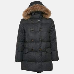 Brunello Cucinelli Grey Fur Trim Wool Down Jacket 10 Yrs
