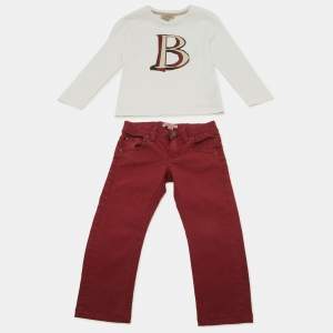 Pre Owned  Burberry Children  White / Maroon Cotton Shirt & Denim Set 5 Yrs 