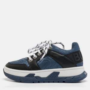 Burberry Blue/Black TB Monogram Fabric and Leather Brockton Sneakers Size 27