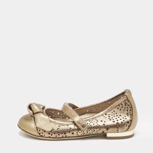 Burberry Gold Perforated Leather Mary Jane Ballet Flats Size 24