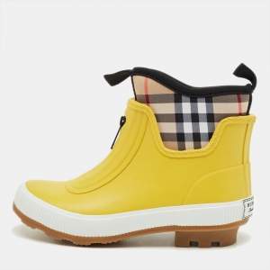 Pre Owned Burberry Yellow Rubber and Vintage Check Neoprene Rain Boots Size 29