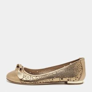 Pre Owned Burberry Gold Laser Cut Leather Ballet Flats Size 33