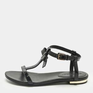 Pre Owned Burberry Black Patent Leather Bow Flat Sandals Size 32