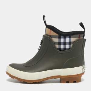 Pre Owned Burberry Olive Green Rubber and Vintage Check Neoprene Rain Boots Size 29