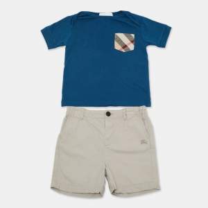 Pre Owned Burberry Blue/Beige Cotton 2 Piece Shorts and T-shirt Set 2 Yrs