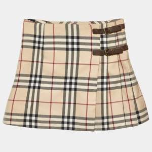 Burberry Beige Tartan Check Wool Blend Pleated Wrap Skirt 8 Yrs