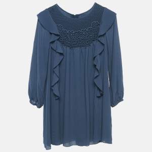 Chloe Blue Crepe Ruffled Lace Overlay Detail Dress 10 Yrs