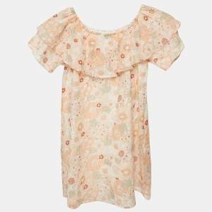 Chloe Kids Orange/Multicolor Floral Print Cotton Off-Shoulder Dress 10 Yrs