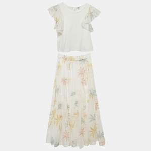 Pre Owned Chloé Kids White Palm Tree Print Cotton Ruffle Top & Skirt Set 10Yrs