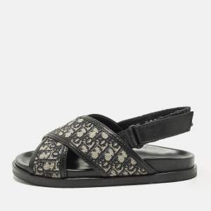 Pre Owned صندل مسطح قماش أوبليك وبيج/أسود من الجلد ديور مقاس 24