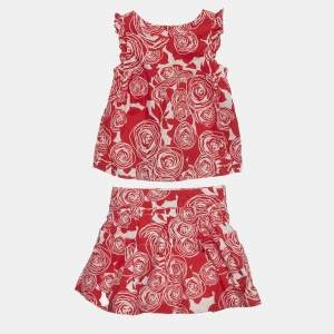 مملوكة مسبقًا Christian Dior Kids Red Floral Print Cotton Set 3Yrs/4Yrs 