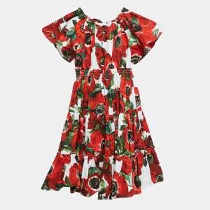 Dolce & Gabbana Red Floral Print Poplin Tiered Dress 24-30 M