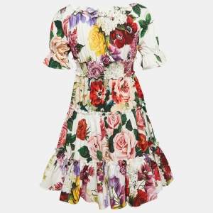 Dolce & Gabbana Kids White/Red Floral Print Poplin Tiered Dress 7-8 Yrs