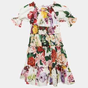 Dolce & Gabbana Kids White/Red Floral Print Poplin Tiered Dress 4 Yrs