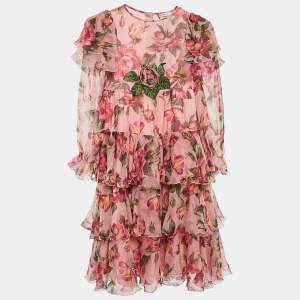 Dolce & Gabbana Pink Floral Print Silk Ruffled Dress 7/8 Yrs