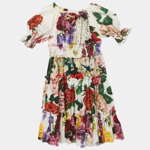 Dolce & Gabbana Kids White Floral Print Cotton Smocked Dress 4 Yrs