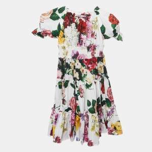 Dolce & Gabbana Kids Multicolor Floral Print Poplin Shirring Detail Dress 7/8 Yrs