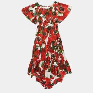Dolce & Gabbana Kids Red Floral Print Cotton Tiered Dress and Shorts Set 24-30 M