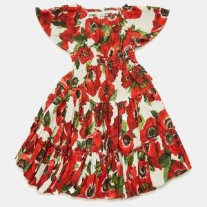 Pre Owned Dolce & Gabbana Kids Red Floral Print Poplin Tiered Dress 24-30M