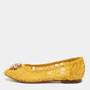 Pre Owned Dolce & Gabbana Yellow Lace Bellucci Ballet Flats Size 31