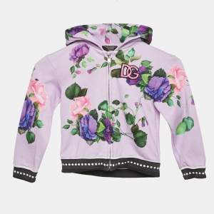 Dolce & Gabbana Kids Purple Floral Print Cotton Knit Zip-Up Hoodie 24-30 M