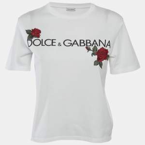 Dolce & Gabbana Kids White Logo Print Cotton Rose Applique Detail T-Shirt 12+ Yrs