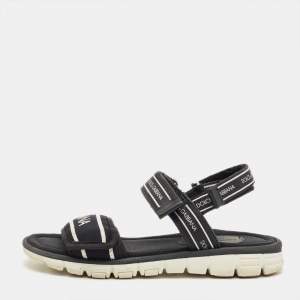 Pre Owned Dolce & Gabbana Black Fabric and Leather DNA Logo Strap Sandals Size 31