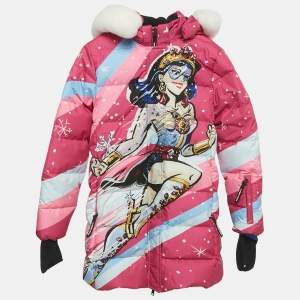 Pre Owned Dolce & Gabbana Pink Printed Synthetic Fur Trim Down Jacket Size11/12Yrs