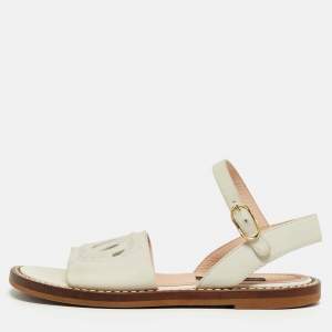 Pre Owned Dolce & Gabbana Size 31 White Leather DG Logo Ankle Strap Flat Sandals 