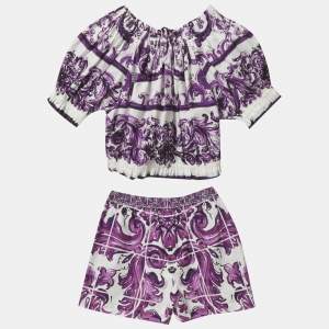 مملوكة مسبقًا Dolce & Gabbana Kids White/Purple Majolica Print Cotton Top & Shorts Set 9/10 Yrs