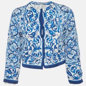 Pre Owned Dolce & Gabbana White/Blue Majolica Print Silk Blend Crop Jacket 11-12 Yrs