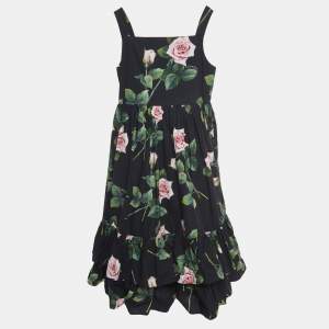 Dolce & Gabbana Black Rose Print Cotton Poplin Dress (11-12 Yrs)