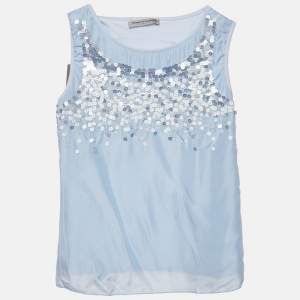 Ermanno Scervino Blue Sequin Crepe and Cotton Knit Sleeveless Top 10 Yrs