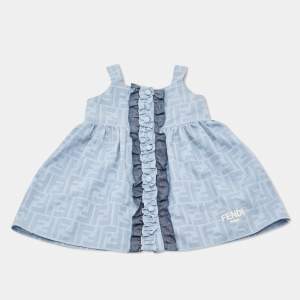 Pre Owned Fendi Kids Blue Logo Print Chambray Ruffled Detail Dress 6 Months 