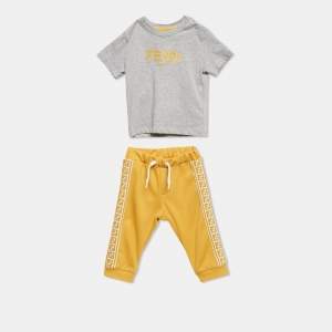 Pre Owned Fendi Kids Yellow/Grey Cotton Knit T-Shirt and Trackpants Set 6M