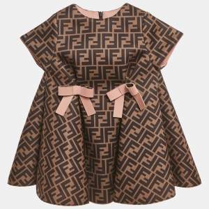Pre Owned Fendi Kids Brown Zucca Print Knit Bow Detail Dress 18 M