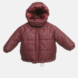 Fendi Kids Dark Red Zucca Monogram Print Synthetic Hooded Down Jacket 3 Yrs