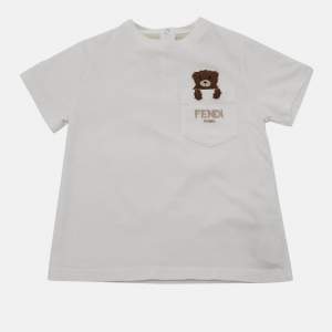 Pre Owned Fendi Kids White Teddy Bear Embroidery Cotton T-Shirt 18 M