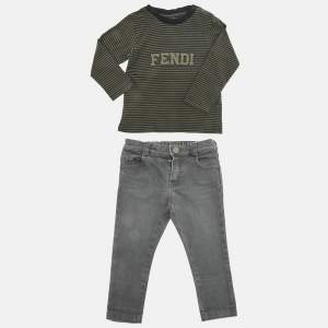Pre Owned Fend Kids Grey /White Top Cotton & Denim 3 Piece Set 18 Months 