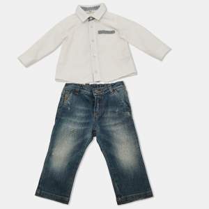 Pre Owned Fendi Kids White/Blue Cotton and Denim 2 Piece Set 9M