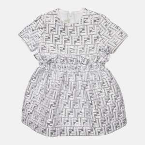 Fendi Kids Silver Zucca Jacquard Lurex Ruffled Dress 4 Yrs