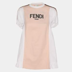 Pre Owned Fendi Kids Pink/White Jersey Logo Embroidered Dress 7 Yrs