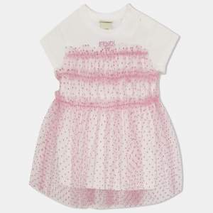 Pre Owned Fendi Pink Dotted Tulle & White Cotton Knit Dress 12 months