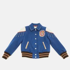 Pre Owned Gucci Kids Blue Embellished Wool Leather Trim Bomber Jacket 10 Yrs 