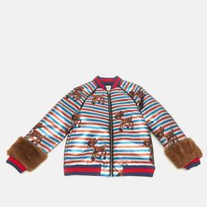 Pre Owned Gucci Kids Multicolor Striped Glitter Faux Fur Trim Bomber Jacket 10Yrs  