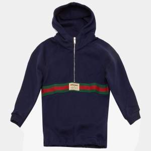 Pre Owned Gucci Kids Navy Blue Cotton Web Striped Hoodie Size 12-18 M