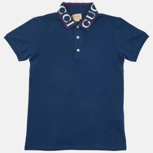 Pre Owned Gucci Kids Blue Cotton Logo Detail Polo T-Shirt Size 10 Yrs