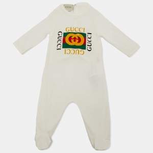 Pre Owned Gucci Kids White Logo Print Cotton Onesie 0-3M
